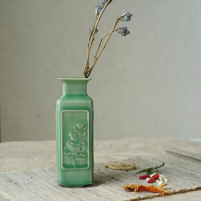 Handmade Sage Green Vase – Small Jade Green Ceramic Bud Vase (5.5in), Oriental Pottery Decor for Table, Shelf, or Meditation Space