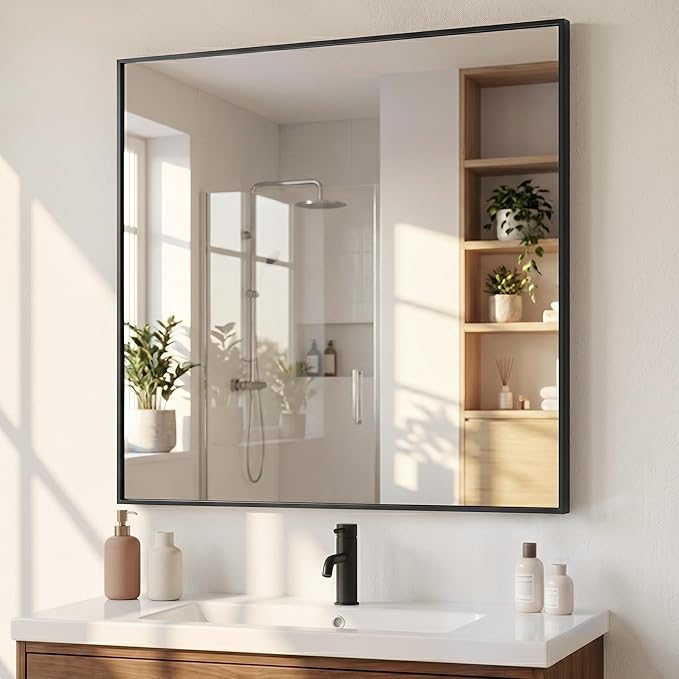 36"x36" Square Black Bathroom Mirror, Shatterproof Tempered Glass, Large Geometric Vanity Mirror, Oversized Ultra-Flush Wall-Mounted