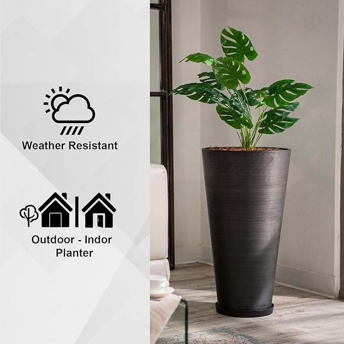 XBrand Modern 28-Inch Tall Round Planter, Modern Tapered Planter Perfect for Indoor & Outdoor Planter, Patio Décor, Black