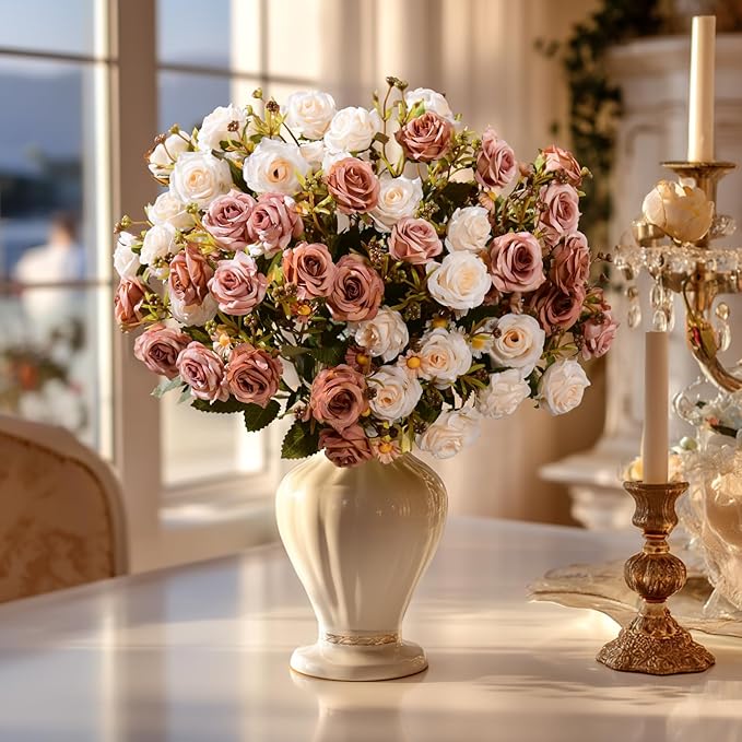 Artificial Rose Flowers for Outdoor 4 Bundles Rose Bouquet with Daisy Faux Flowers UV Resistant for Home Indoor Outside Garden Porch Window Box Balcony Yard Porch Fall Decor (White+Brown)