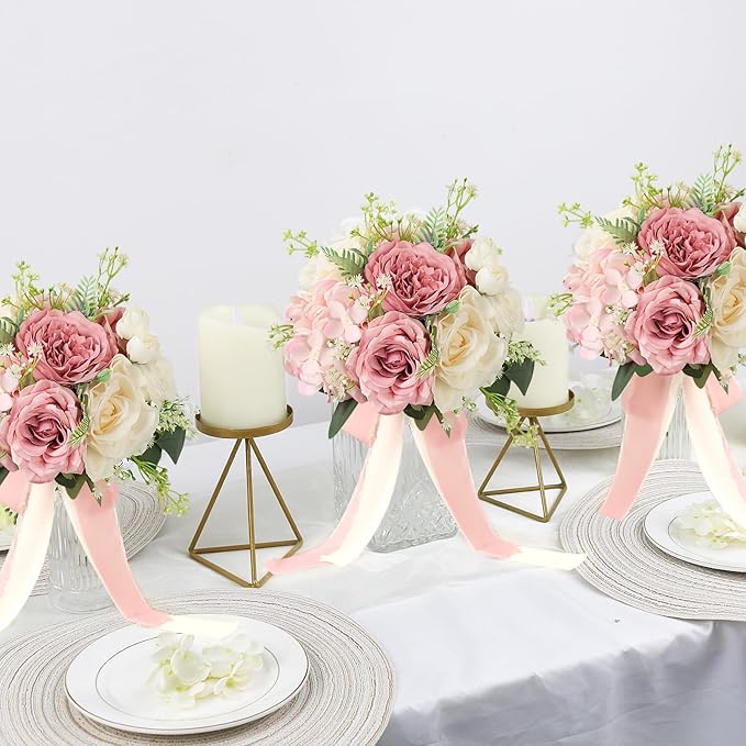 Set of 6 Wedding Bridesmaid Bouquets - 7 Inch Artificial Flowers Bouquets for Ceremony Anniversary Centerpieces Decorations - Pink & White
