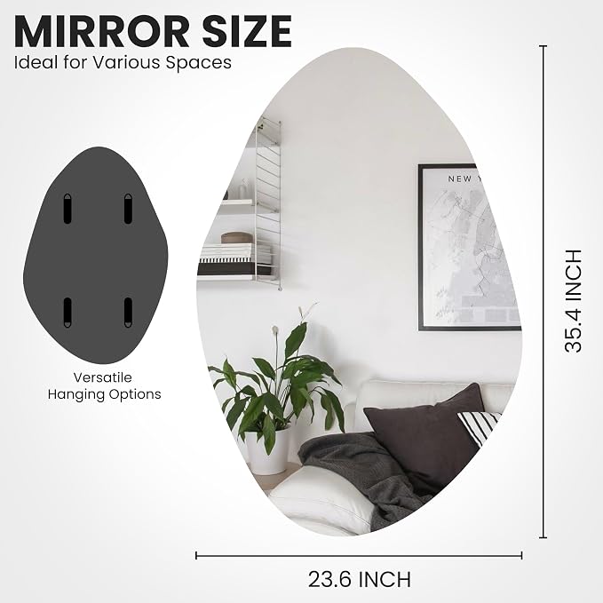 TRAHOME Irregular Asymmetrical Wall Mirror for Living Room Bathroom Entryway, Modern Decorative Mirror Hanging (Hook Style, 36'' x 24'')