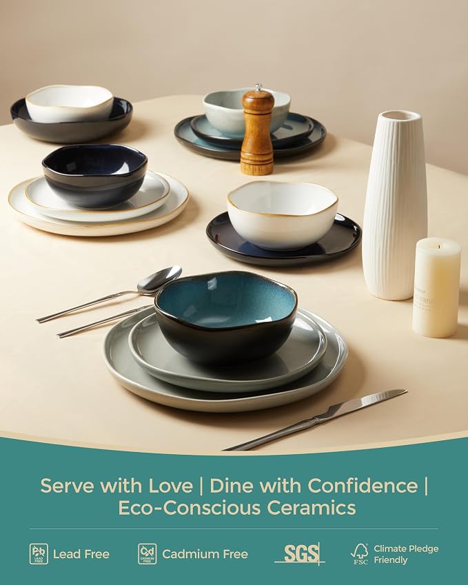 Pokini 24 Pieces Dinnerware Set for 6 with Pasta Bowls, Complete Ceramic Dish Set, Stackable & Glossy Stoneware Plate and Bowl Set for Effortless Everyday Hosting, Green Black