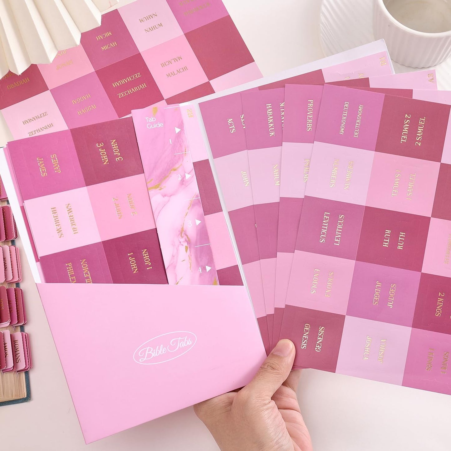 Skiennix Laminated Bible Tabs - Gold Foil Embossed Index Labels for Easy Navigation | 105 Chapters (Pink)