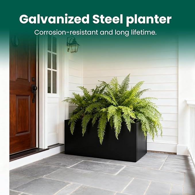 Galvanized Steel Metal Rectangular Planter Black Indoor Planter Box Steel Large Outdoor Planters 31.5" L x 16" W x 16" H Commercial Residential for Patio, Yard, Garden