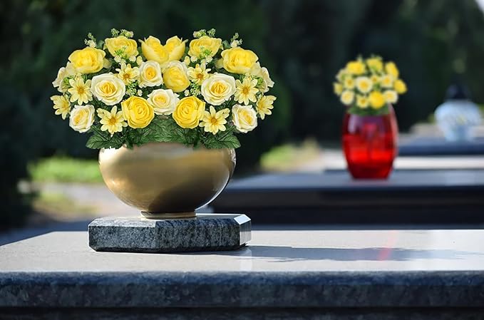 Hollyone Set of 2 Artificial Cemetery Flower for Graves Yellow Cemetery Memorial Flowers for Outdoor Grave Decorations Silk Flower Arrangements Rose Ranunculus Gerbera Floral Flowers Bouquets