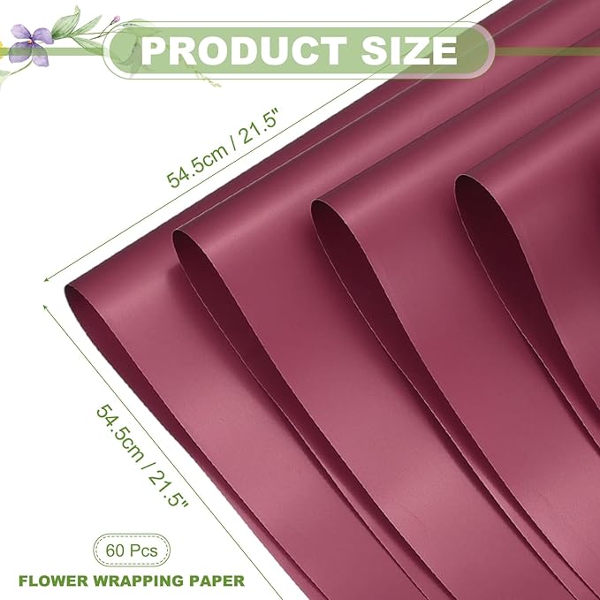 uxcell 60 Sheets Flower Wrapping Paper, 21.5" x 21.5" Waterproof Floral Bouquet Wrapping Papers Florist Supplies for Wedding Party Gift Packaging DIY Crafts, Burgundy