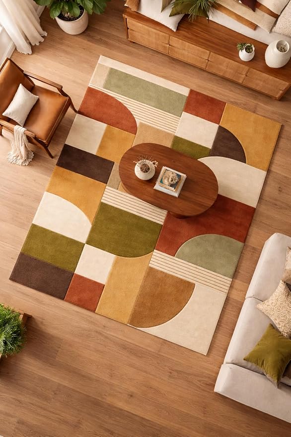 Hand Tufted Wool Geometric Rug – Mid Century Modern Terracotta Olive Cream Area Rug 8x10