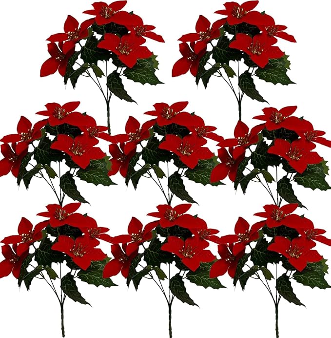 8 Pack 5 Heads Christmas Artificial Poinsettia Flowers Faux Poinsettia Bush Bouquets Silk Poinsettia Christmas Tree Ornaments Poinsettia Flower Arrangement for Home Decor
