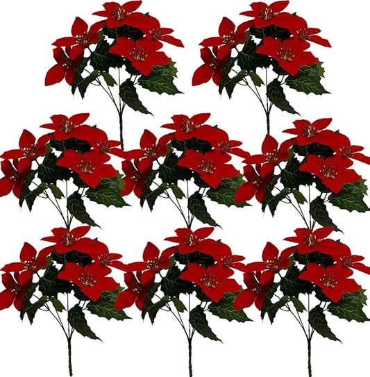 8 Pack 5 Heads Christmas Artificial Poinsettia Flowers Faux Poinsettia Bush Bouquets Silk Poinsettia Christmas Tree Ornaments Poinsettia Flower Arrangement for Home Decor