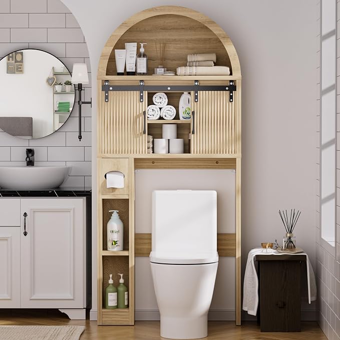 Spurgehom Over The Toilet Storage Cabinet, Bathroom Shelf Organizer Freestanding, Bathroom Arch Cabinet Over Toilet with Toilet Paper Holder and Anti-Tipping Device (Two Sliding Door-Wood)