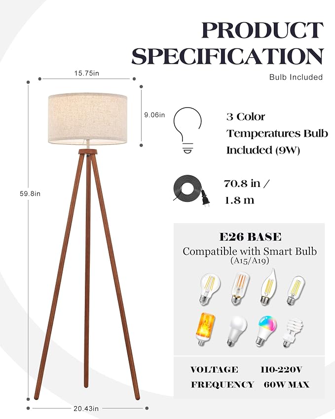 ELYONA Wood Tripod Floor Lamps with 3 Color Temperatures LED Bulb Vintage Standing Light Beige Linen Shade Tall Floor Lamp for Bedroom Living Room Office Study Room, Brown & Nickel Metal