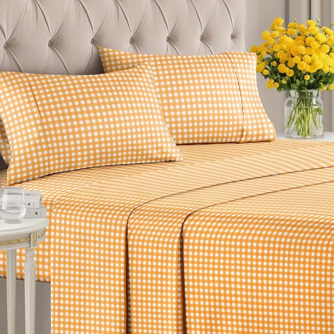 Yellow Gingham Sheets - 1 Flat & 1 Fitted Sheet & 2 Pillowcases w/ Deep Pockets - Grid, Plaid, Checkered Pattern Bed Set - Comfy, Wrinkle & Fade Resistant - Ultra-Soft, Breathable & Cooling -Full Size