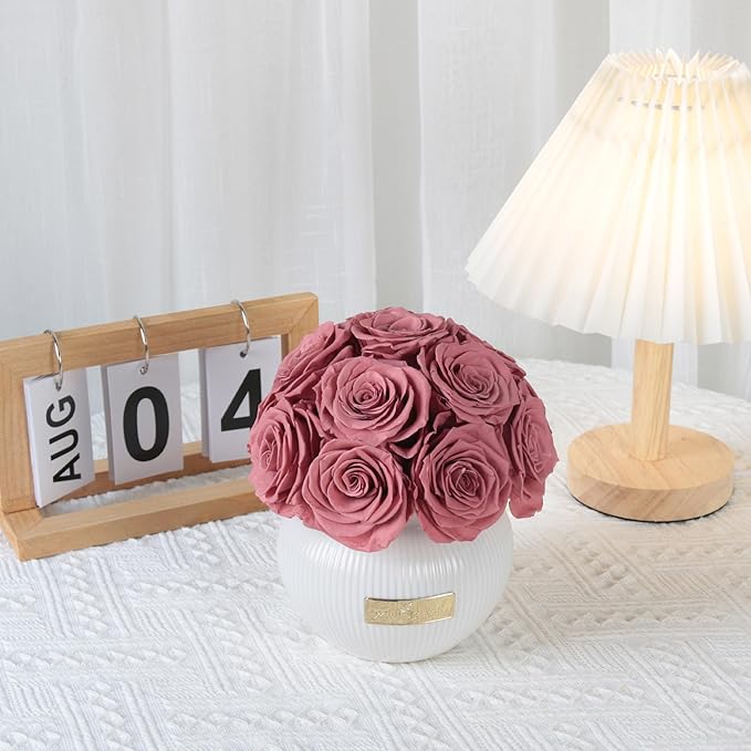 Preserved Roses,Weeding Flowers,Table Centerpiece Flowers,14Pcs Long Lasting Real Rose in Ceramic Vase,Table Flowers for Party,Wedding Decor,Birthday,Anniversary,Wedding Gifts for Her (Burnt Brown)