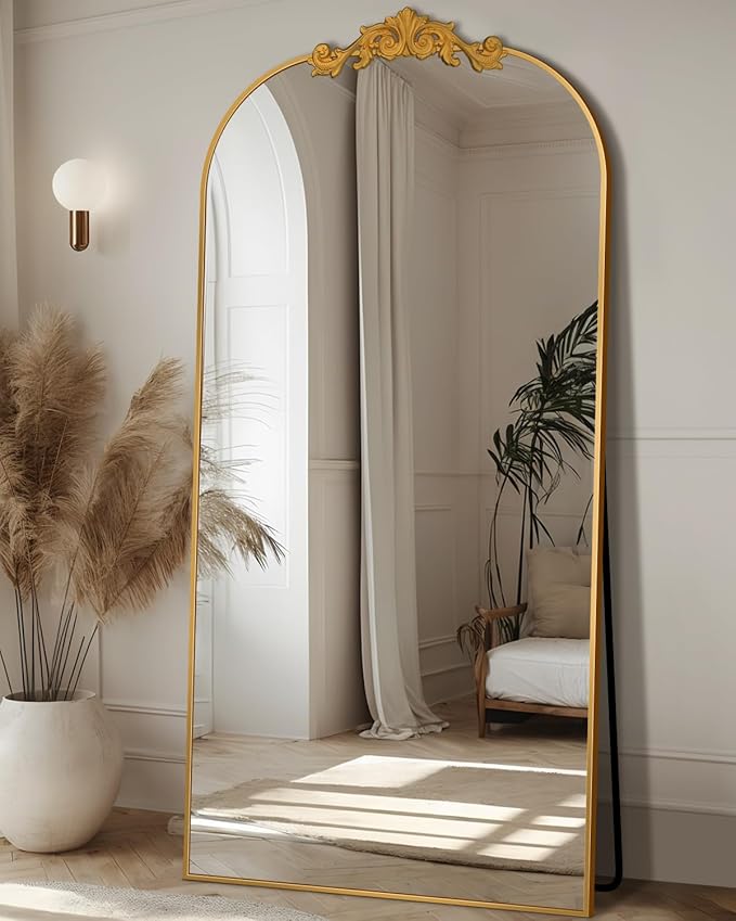 Antok Arched Full Length Mirror, 71"x28" Floor Mirror with Carved, Full Body Mirrors for HomeDecor, Standing/Halling Large Wall Mirror for Bedroom, Living Room, Cloakroom, Gold, Retro Style