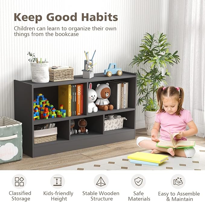 Toy Storage Organizer, 2-Tier Kids Bookshelf, 5 Cube Kids' Bookcases, Cabinets & Shelves, Wooden Toy Organizers, Small Book Shelf for Bedroom, Playroom, Classroom, Nursery (Gray)