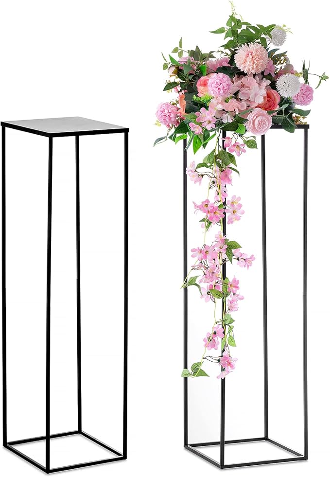 Nuptio Metal Black Vase, 2 Pcs 39.4 inch Tall, Elegant Cylinder & Square Vase for Wedding Centerpieces, Home Party Decorations