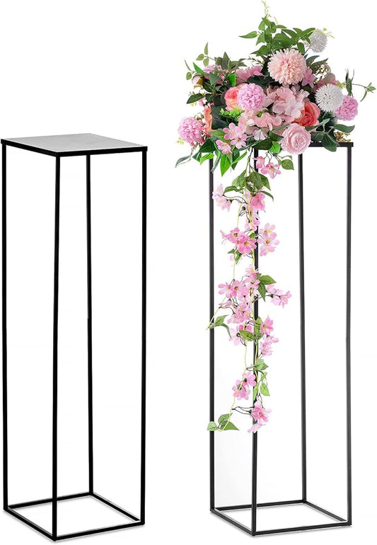 Nuptio Metal Black Vase, 2 Pcs 39.4 inch Tall, Elegant Cylinder & Square Vase for Wedding Centerpieces, Home Party Decorations