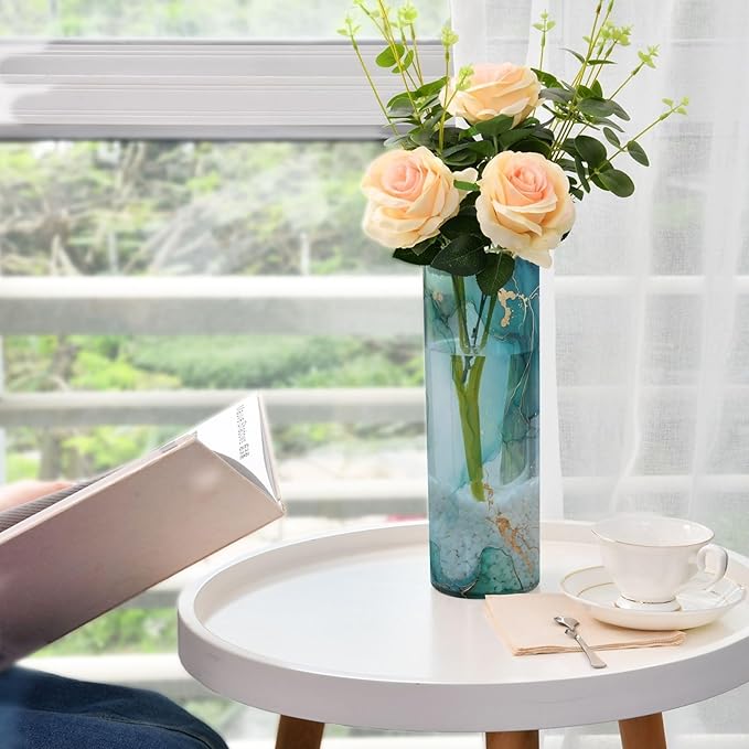 Watercolor Marble Texture Plastic Vase for Flowers 3.9" W x 11.8" H Modern Boho Style Cylinder Clear Vases for Wedding Centerpiece Table Party Home Office Decor