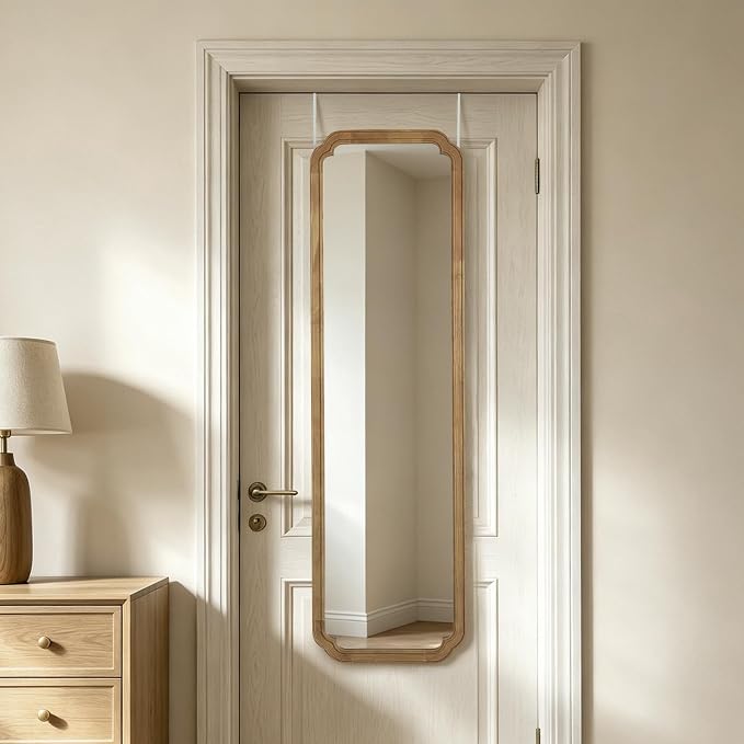 WallBeyond 48" x 14" Full Length Door Mirror with Rustic Rounded Corner Wood Frame, Over the Door Hanging Mirror for Bedroom, Closet, Dressing Area and Entryway, Natural