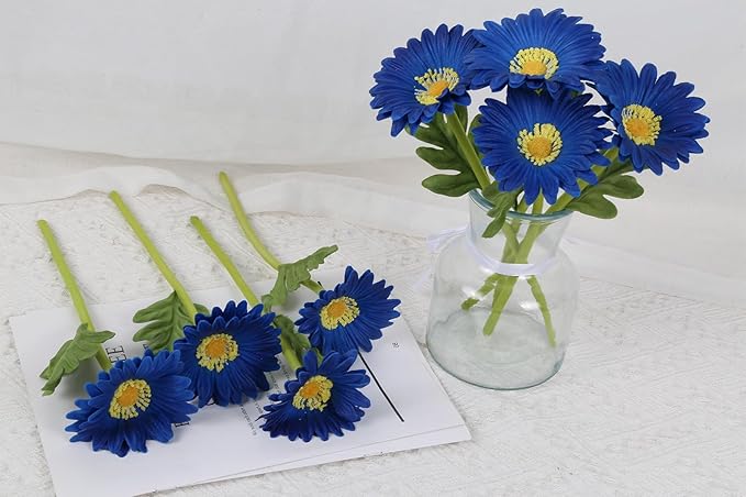 Royal Blue Gerbera Daisy Artificial Flowers 8 Pcs PU Realistic Fake Wildflowers for Vase Home Living Room Bathroom Kitchen Decor