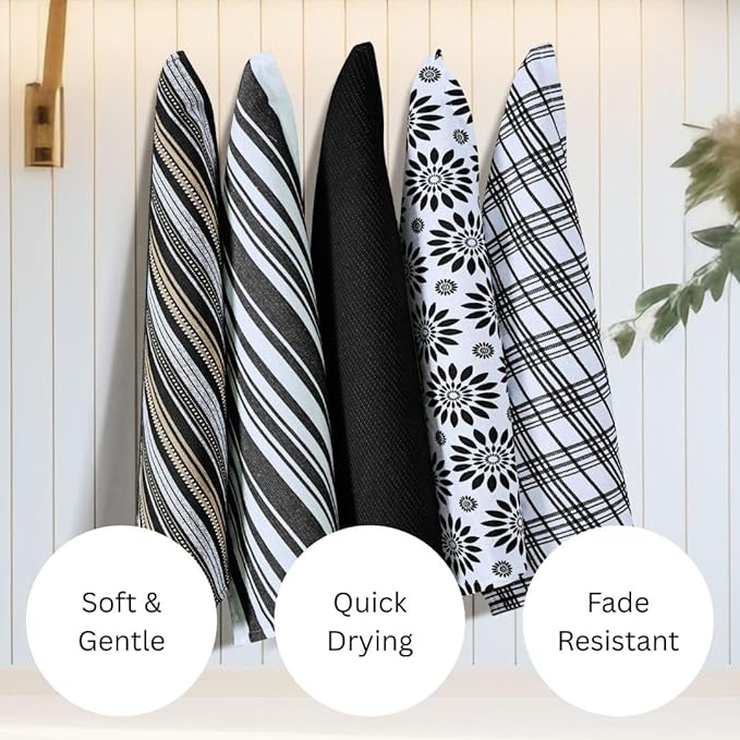 WeWove Assorted Kitchen Towels Set of 5-100% Cotton Dish Cloths Towels with Hanging Loop - Soft Absorbent Washable Reusable for Kitchen Use - Quick Drying 16x26 inch Dish Towels Black