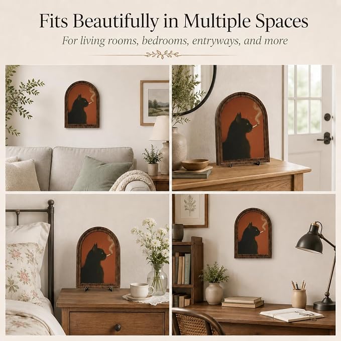 Vintage Black Cat Table Decor Arched Wooden Frame with Stand, Moody Gothic Animal Artwork for Desk Shelf Mantel, Unique Living Room Bedroom Home Decorations