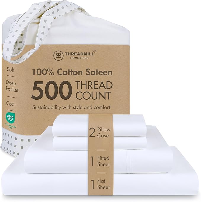 Threadmill 100% Cotton Hypoallergenic/Breathable/Stain-Resistant, 500 Thread Count, Solid 4-Piece Bed Sheet Set (1 Flat, 1 Fitted Sheet, 2 Pillow Covers), Queen White Sheets Set