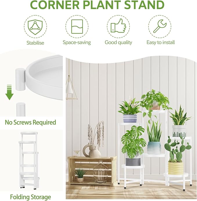 iDavosic.ly 6 Tier Large Plant Stand Indoor with 10 Inch Wide Tray, Tiered Corner Metal Outdoor Flower Display Holder Shelf, Folding Tall Rack for Patio Porch Living Room, White