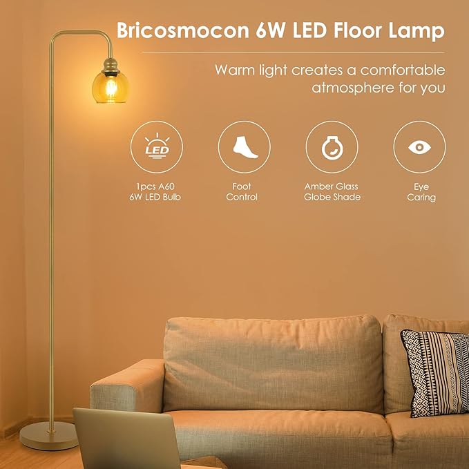 Modern Floor Lamp for Living Room with 6W LED Bulb, Industrial Floor Lamp, Amber Glass, Classic Reading Tall Lamp for Home Office, Standing Lamp for Study, Minimalist, Vintage, Mid Century, Brass Gold