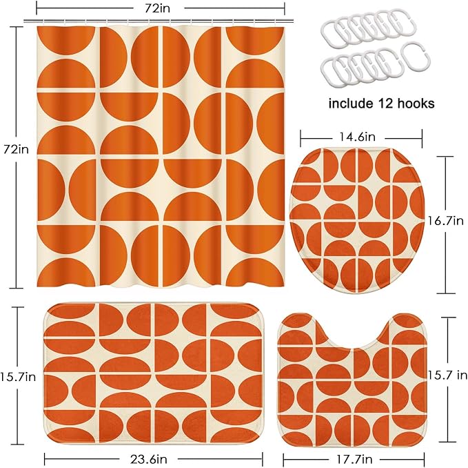 Orange Boho Mid Century Shower Curtain Set with Toilet Lid Cover and Non-Slip Rugs, Abstract Geometric Art 4 Pcs Modern Minimalist Vintage Shower Curtain for Bathroom Set with 12 Hooks