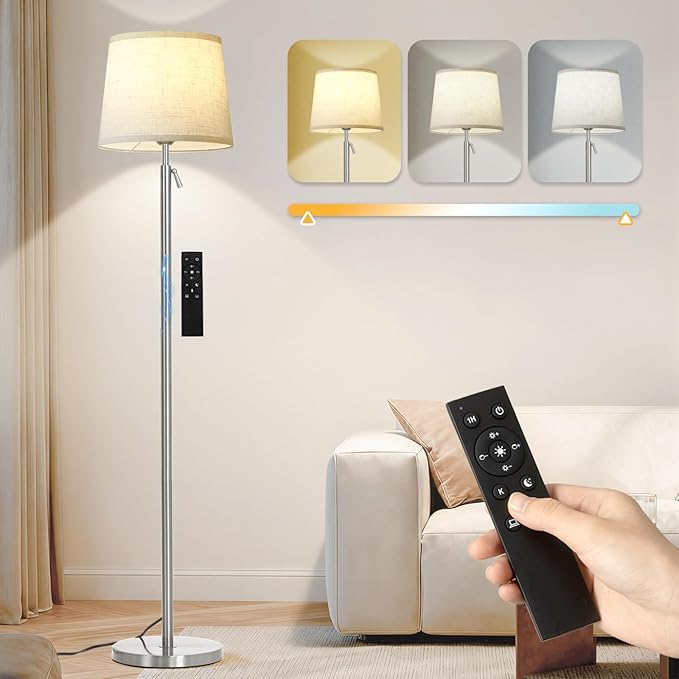 Modern Floor Lamp for Living Room and Bedroom- 55"-67" Height Adjustable Standing Lamps with Dimmable LED Bulb and Remote Control-Bright Tall Stand Light with Shade for Corner Lighting （Silver）