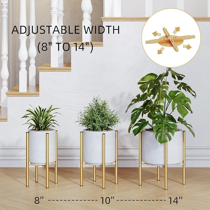 Adjustable Metal Plant Stand Indoor, Fits 8-14 Inch Pots, Mid Century Modern Gold Planter Holder,2 Heights, Heavy Duty 160 lb, Indoor Outdoor Corner Floor Pot Stand, Golden with Round Plate