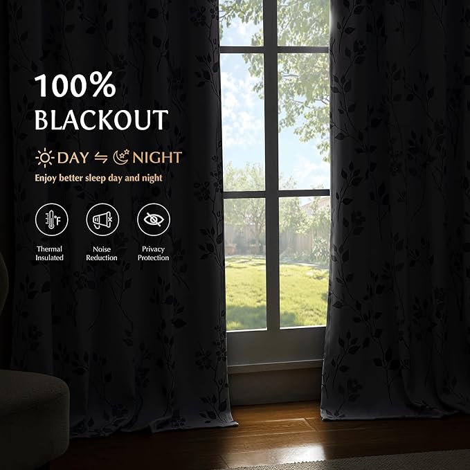 Beauoop Floral 100% Blackout Curtains 96 Inches Long 2 Panels for Bedroom Living Room Grey White Flower Patterned Room Darkening Thermal Insulated Soundproof Rod Pocket Back Tab Window Drapes, 52X96