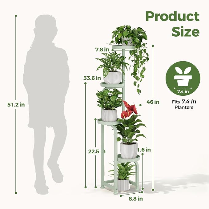 Bamworld Corner Plant Stand Indoor Outdoor, Tall Metal Flower Pot Stands for Multiple Plants, 4 Tier Mint Green Heavy Duty Plant Shelf for Patio Garden Balcony Living Room Bedroom(Patent Design)