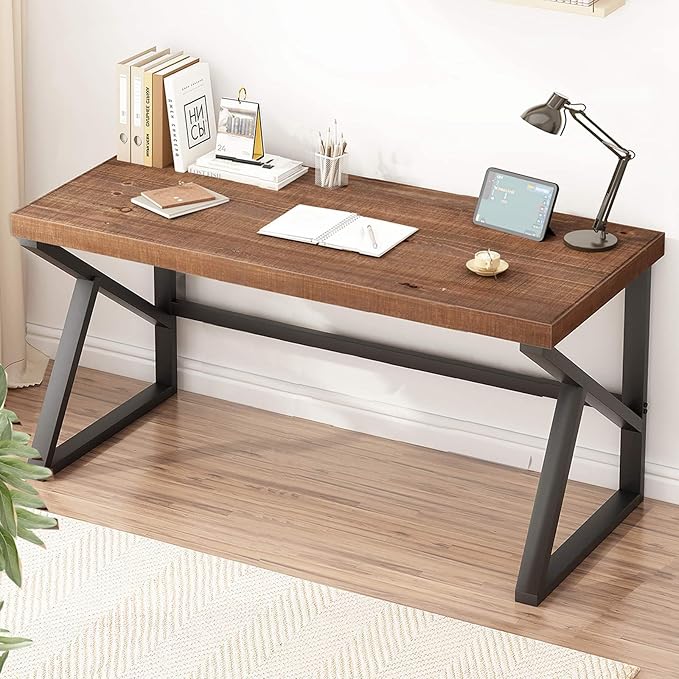 IBF Solid Real Wood Large Computer Desk, 60” Rustic Natural Home Office Desk, Long Industrial Writing Desk for Living Room, Metal Wooden Executive Computer Table, Brown, 60 Inch