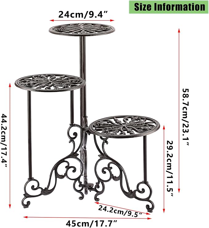 OwnMy 3 Tier Heavy Duty Cast Iron Plant Stand Foldable Wrought Iron Flower Pot Holder, Indoor Outdoor Tall Plant Stand Shelf for Garden Patio, Decorative Round Metal Plant Display Rack, Retro Brown