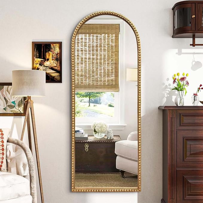 Gold Arched Full Length Mirror，Standing Floor Full Body Mirror with Beaded Frame Hanging or Leaning Wall 53"X20" Full Length Wall Mounted Mirror for Dressing Room Bedroom Entryway