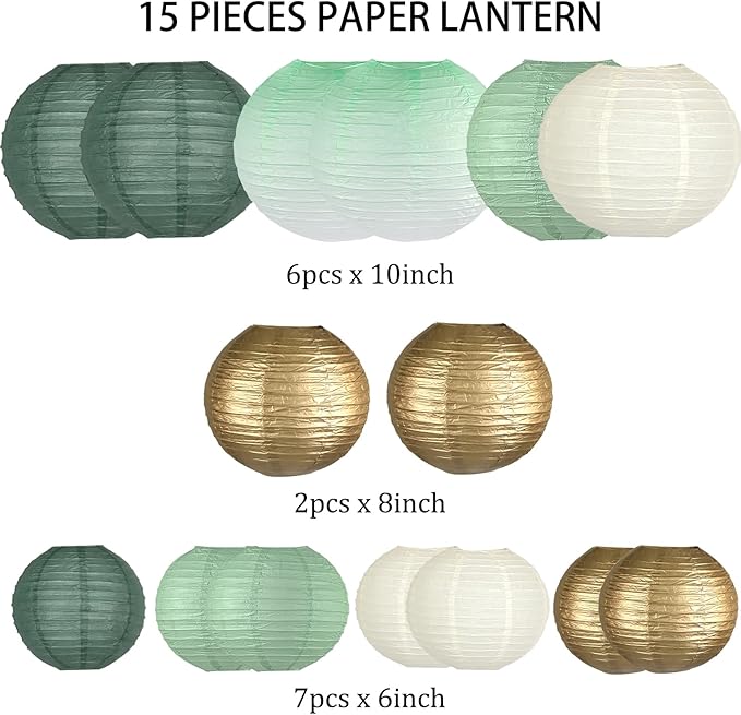 Paper Lanterns Decorative, Gradient Sage Green Round Hanging Paper Lantern Decorations for Wedding Bridal Shower Graduation Anniversary Sage Green Birthday Party, 15Pcs