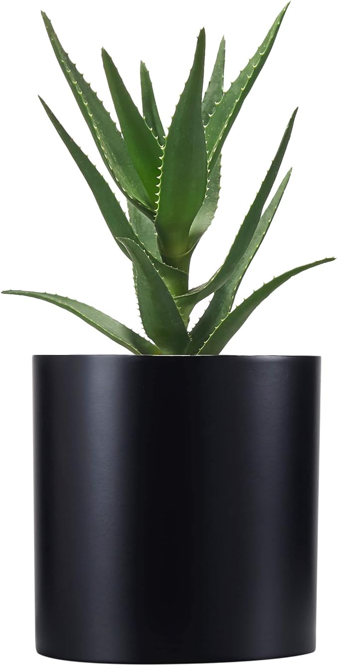 FaithLand 8 Inch Fiberstone Planter - Lightweight Modern Cylinder Plant Pot with Drainage Hole & Plug, Indoor Outdoor Use, Matte Black