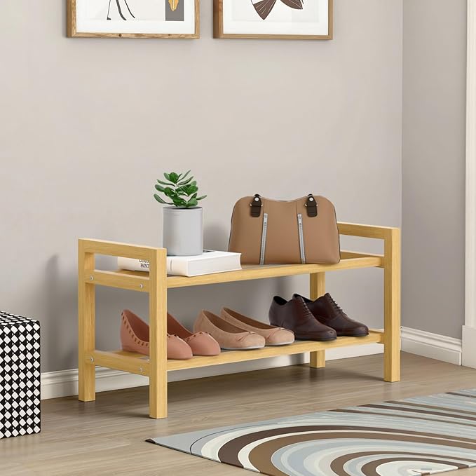 Haddockway Bamboo Shoe Rack for Closet, Free Standing Shoe Organizer with Smooth Round Rods & Convenient Handles, Stackable Shoe Storage Shelf for Entryway, Hallway(Natural, 2-Tier(Small))