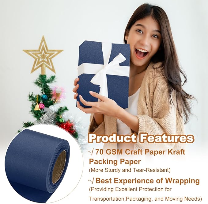 PATIKIL Wrapping Paper, 20" x 300"(25') 70 GSM Craft Paper Roll Kraft Packing Paper for Poster Bulletin Board, Gift Wrapping, Navy Blue