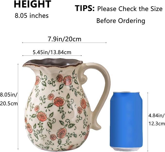 Green and Beige Vintage Vase with Handle,Red Rose Chinoiserie Vase,Farmhouse Antique Decorative Ceramic Vases for Home Decor,Bookshelf, Dining Table, Coffee Table,Mantel, Tuscan Decor (H8.05 Inch)