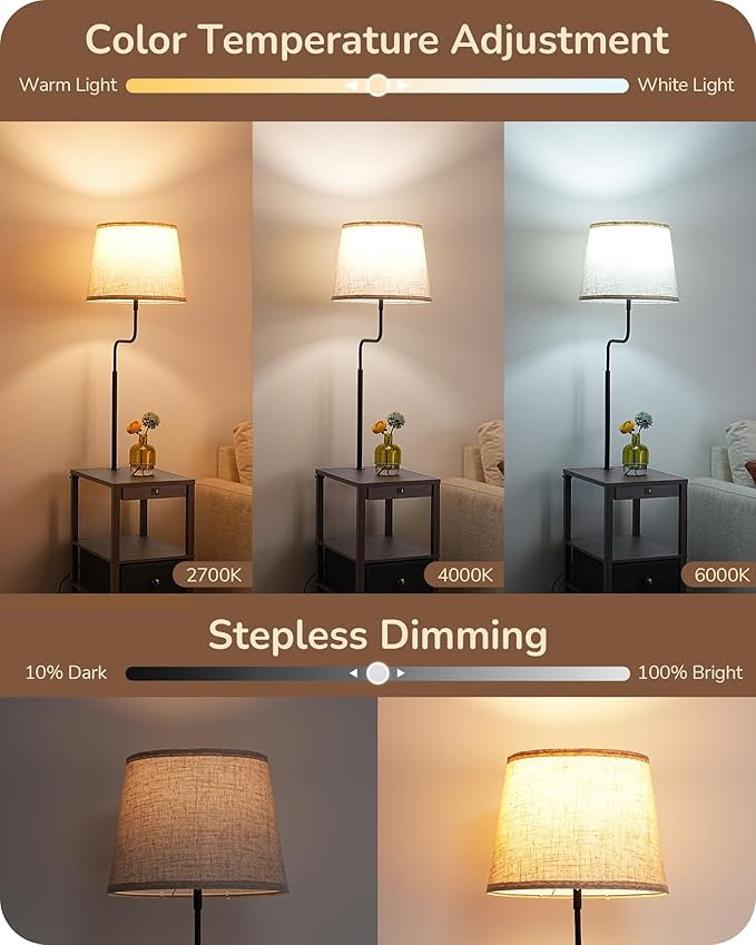 EDISHINE Floor Lamps for Living Room, Dimmable Bedside Floor Lamp with Table and 2 Shelves, USB-A+Type-C Port, Farmhouse Standing Light for Bedroom, Den, Office with Bulb, Dark Walnut