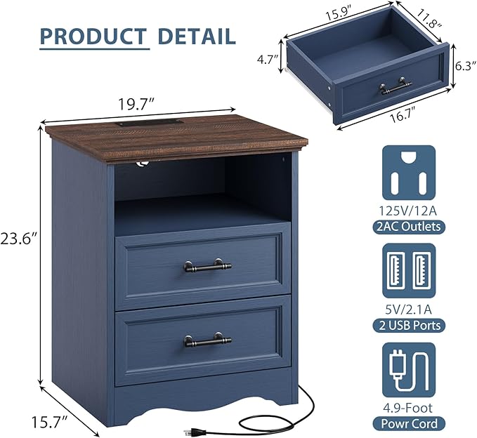 19.7" Nightstand with Charging Station, Farmhouse End Table with 2 Drawers Storage, Blue Wooden Night Stand, Bed Side Table with Open Shelf, Bedside Cabinet for Bedroom, Living Room