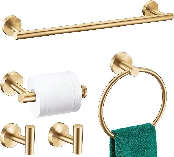 5 Pieces Brushed Gold Bathroom Hardware Accessories Set, SUS304 Stainless Steel 24 Inch Bath Towel Bar Set, Round Bathroom Towel Holder Set, Towel Racks for Bathroom Wall Mounted