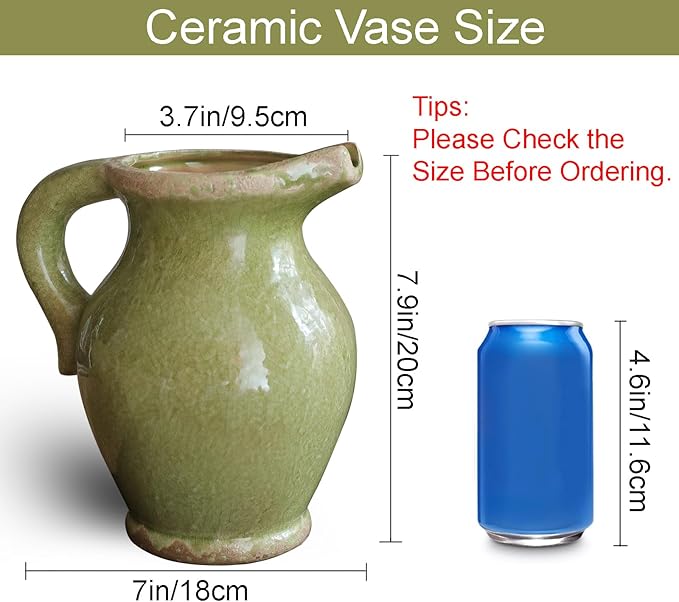8 Inch Vintage Pitcher Vase, Rustic Green Ceramic Vases Flower Vase Farmhouse Decorative Pitchers for Home Decor, Terracotta Vases for Home Table Centerpiece Living Room Chinoiserie Decor