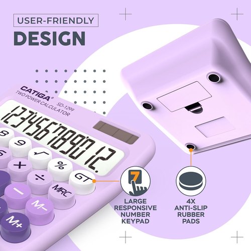 CATIGA Mechanical Switch Calculator - Solar & Battery Dual Power, 12-Digit LCD Display, Cute Design for Home & Office Use