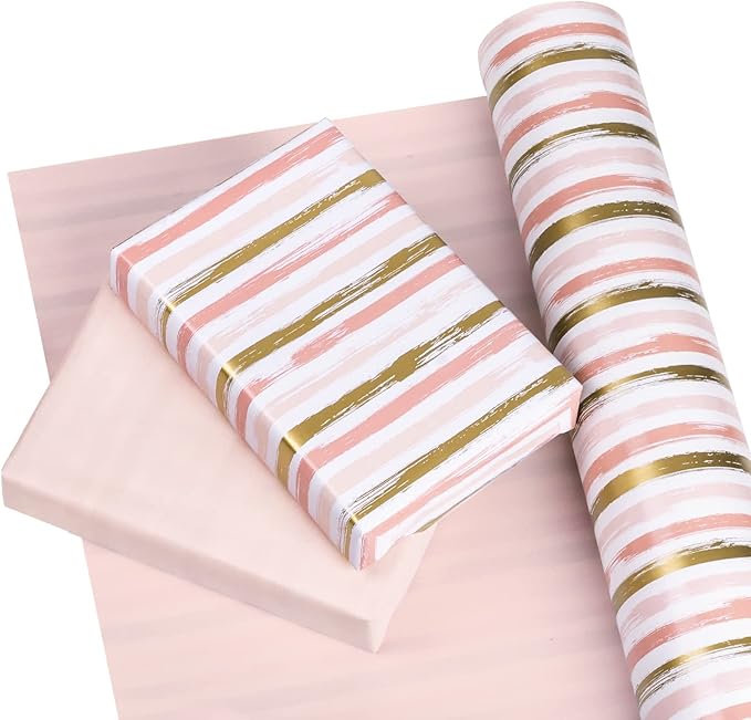 WRAPAHOLIC Reversible Pink Wrapping Paper - Mini Roll - 17 Inch X 33 Feet - Pink Gold Lines and Solid Pink Design for Girls Birthday, Baby Shower, Wedding, Bridal Shower