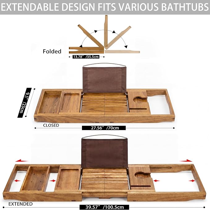 Acacia Wood Bathtub Tray Caddy,Foldable Bath Tray for Tub,Expandable Bath Table Trays,Bathtub & Bathroom Accessories for New Home & Mothers, Birthday Gifts for Mom